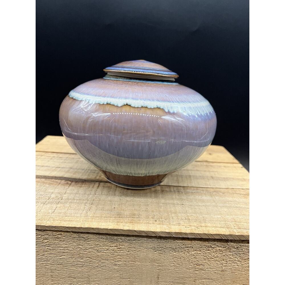 Bill Campbell Pottery Drip Glaze Ginger Jar Signed Blue And Purple Drip Glaze
